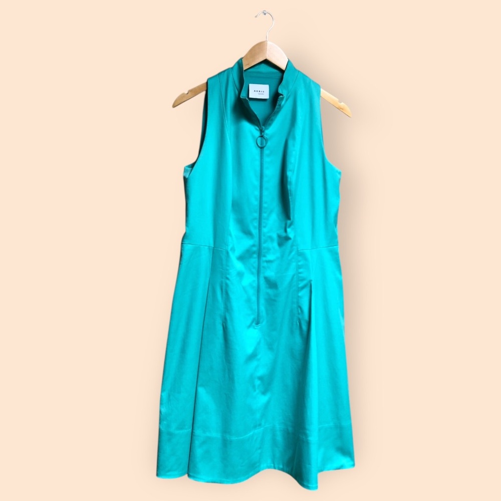 AKRIS Punto Designer Teal Turquoise Blue Sleeveless Zipper MIDI Dress Women’s 10